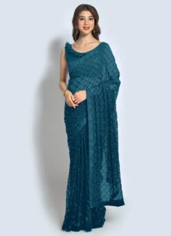 Teal Georgette Sequins Saree Party Wear -C Bazaar Shop teal georgette sequins saree sasacu2764 u