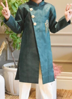 Teal Green Art Silk Embroidered Classic Sherwani Wedding Wear