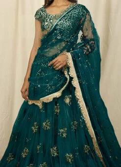 Teal Green Net Embroidered Umbrella Lehenga Choli Party Wear