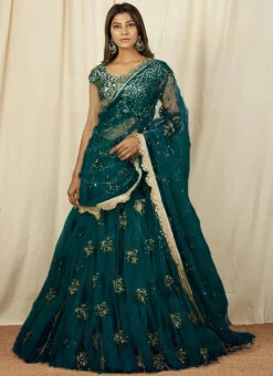 Teal Green Net Embroidered Umbrella Lehenga Choli Party Wear -C Bazaar Shop teal green net embroidered umbrella lehenga choli ghsth02 u