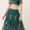 Teal Green Net Thread Sequins Stone Work Umbrella Lehenga Party Wear