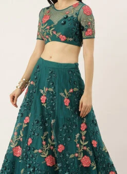 Teal Green Net Thread Sequins Stone Work Umbrella Lehenga Party Wear