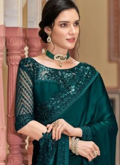 Teal Green Silk Embroidery Work Saree Party Wear -C Bazaar Shop teal green silk embroidery work saree samkn9261018 b