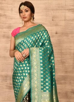 Teal N Black Banarasi Katan Zari Weaving Half N Half Saree Festive Wear -C Bazaar Shop teal n black benarasi katan zari weaving half n half saree savns671t b