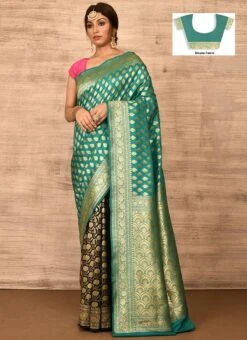 Teal N Black Banarasi Katan Zari Weaving Half N Half Saree Festive Wear -C Bazaar Shop teal n black benarasi katan zari weaving half n half saree savns671t u