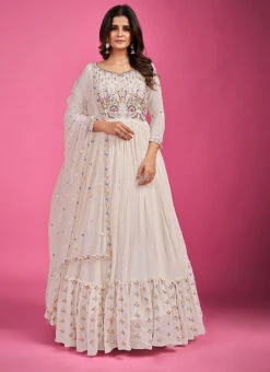 Thread Embroidery Offwhite Georgette Anarkali Gown Party Wear -C Bazaar Shop thread embroidery offwhite georgette anarkali gown bgwska425541006 u