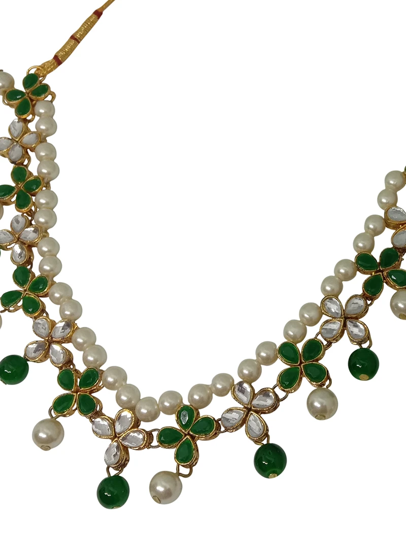 Traditional Dark Green N White Long Necklace Set Party Wear 1 Traditional Dark Green N White Long Necklace Set Party Wear