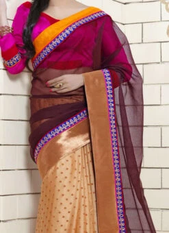 Trendy Beige N Brown Half N Half Saree Wedding Wear