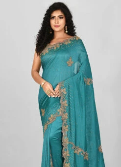 Turquoise Art Silk Hand Work Saree Festive Wear 7 Turquoise Art Silk Hand Work Saree Festive Wear -C Bazaar Shop turquoise art silk hand work saree sadkc34 b