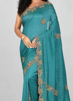 Turquoise Art Silk Hand Work Saree Festive Wear