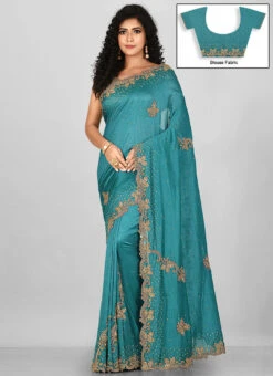 Turquoise Art Silk Hand Work Saree Festive Wear 6 Turquoise Art Silk Hand Work Saree Festive Wear -C Bazaar Shop turquoise art silk hand work saree sadkc34 u