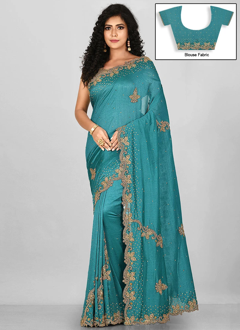 Turquoise Art Silk Hand Work Saree Festive Wear 3 Turquoise Art Silk Hand Work Saree Festive Wear - Image 3