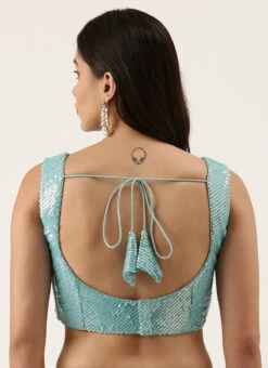 Turquoise Blue Raw Silk Sequins Work Blouse Party Wear 7 Turquoise Blue Raw Silk Sequins Work Blouse Party Wear -C Bazaar Shop turquoise blue raw silk sequins work blouse blspfb149tbl b