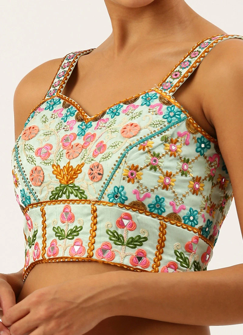 Turquoise Blue Silk Embroidered Work Blouse Party Wear 1 Turquoise Blue Silk Embroidered Work Blouse Party Wear