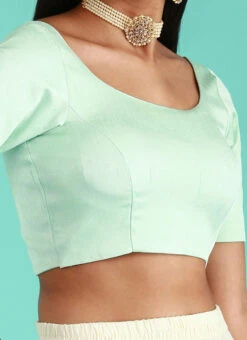 Turquoise Blue Silk Solid Stitched Readymade Blouse Party Wear