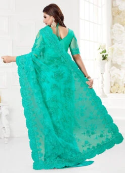Turquoise Embroidered Net Saree Party Wear 7 Turquoise Embroidered Net Saree Party Wear -C Bazaar Shop turquoise embroidered net saree sasun472 b