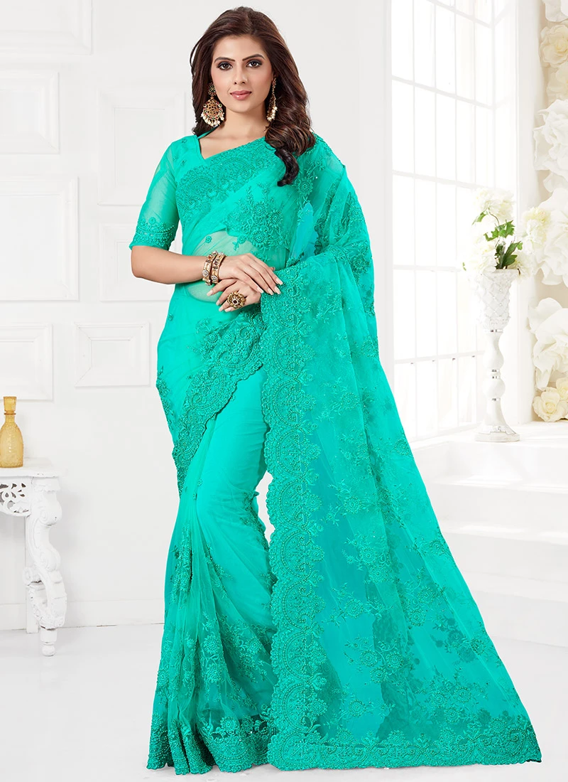 Turquoise Embroidered Net Saree Party Wear 3 Turquoise Embroidered Net Saree Party Wear - Image 3