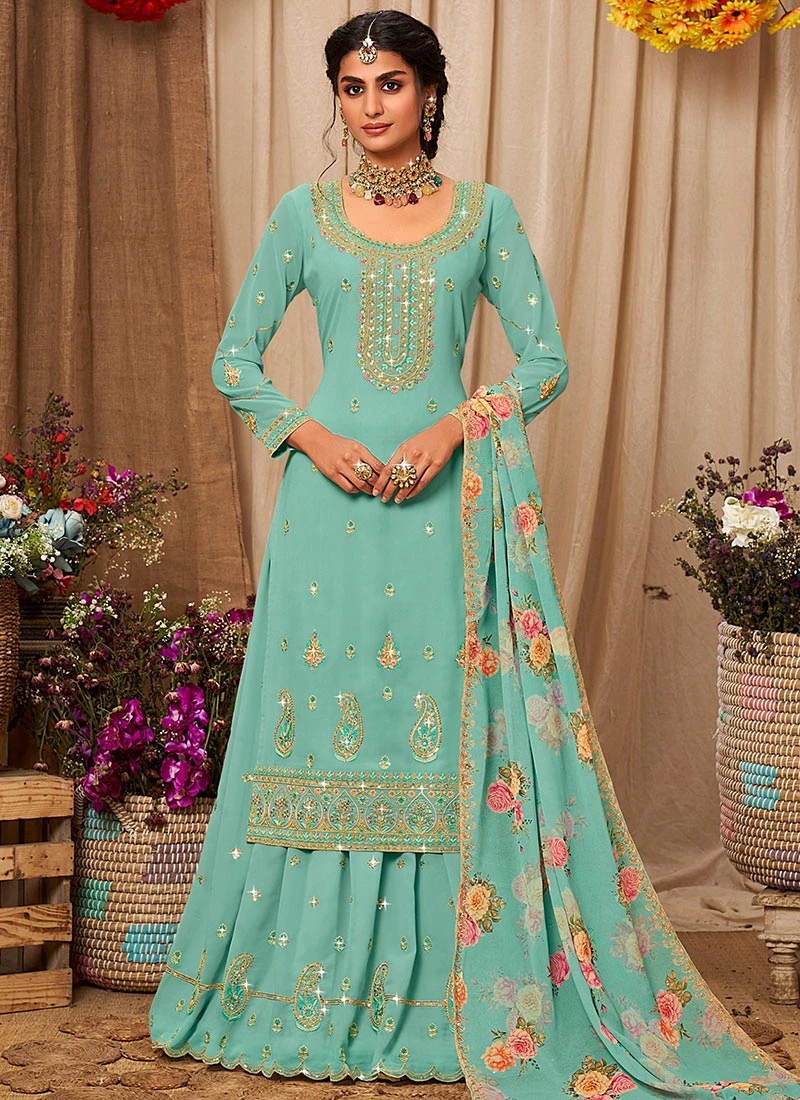 Turquoise Faux Georgette Embroidered Digital Print A Line Lehenga Party Wear 3 Turquoise Faux Georgette Embroidered Digital Print A Line Lehenga Party Wear - Image 3