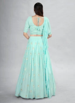 Turquoise Georgette Thread And Sequins Umbrella Lehenga Party Wear -C Bazaar Shop turquoise georgette thread and sequins umbrella lehenga ghsdrs10001 b