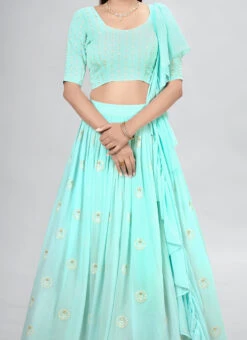 Turquoise Georgette Thread And Sequins Umbrella Lehenga Party Wear