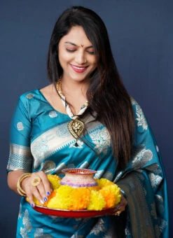 Turquoise Kancheepuram Silk Zari Work Saree Festive Wear -C Bazaar Shop turquoise kancheepuram silk zari work saree sasomg01 b