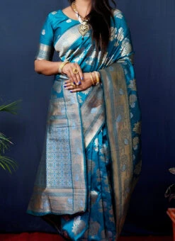 Turquoise Kancheepuram Silk Zari Work Saree Festive Wear
