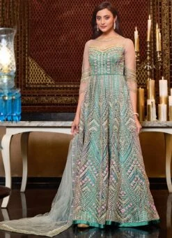 Turquoise Net Anarkali Suit Party Wear Party Wear -C Bazaar Shop turquoise net anarkali suit party wear slsaj25744628 u