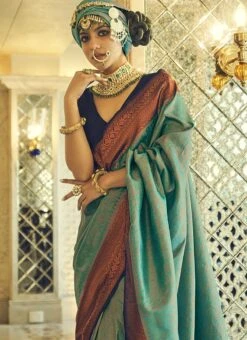 Turquoise Silk Zari Work Saree Festive Wear -C Bazaar Shop turquoise silk zari work saree samam1512 b