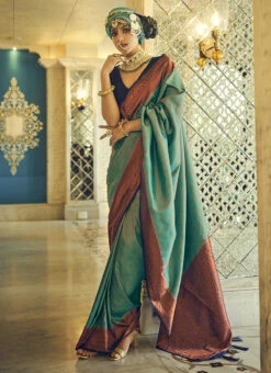 Turquoise Silk Zari Work Saree Festive Wear -C Bazaar Shop turquoise silk zari work saree samam1512 u