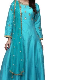 Turquoise Taffeta Gold Thread Work Anarkali Suit Party Wear
