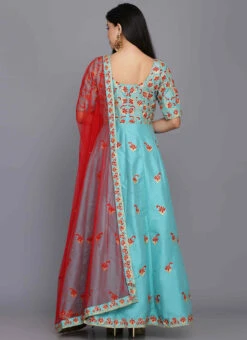 Turquoise Taffeta Silk Aari Thread Work Anarkali Suit Party Wear -C Bazaar Shop turquoise taffeta silk aari thread work anarkali suit slkifh990064 b