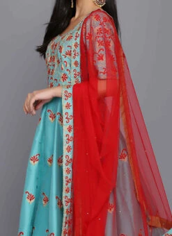 Turquoise Taffeta Silk Aari Thread Work Anarkali Suit Party Wear