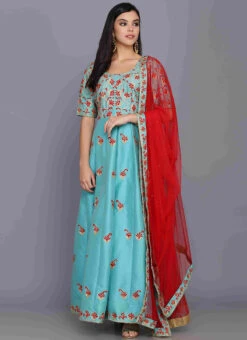 Turquoise Taffeta Silk Aari Thread Work Anarkali Suit Party Wear -C Bazaar Shop turquoise taffeta silk aari thread work anarkali suit slkifh990064 u