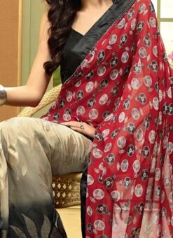 Voguish Beige, Black N Red Half N Half Saree Festive Wear