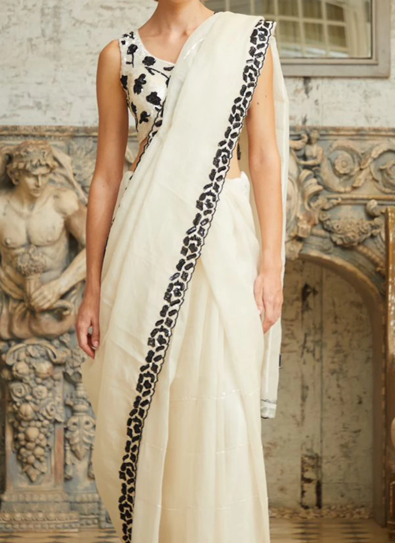 White Pure Silk Embroidered Hand Work Saree Party Wear 1 White Pure Silk Embroidered Hand Work Saree Party Wear