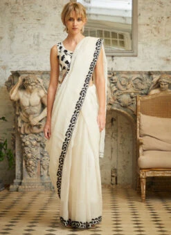 White Pure Silk Embroidered Hand Work Saree Party Wear 6 White Pure Silk Embroidered Hand Work Saree Party Wear -C Bazaar Shop white art silk embroidered hand work saree saksi204978 u