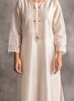 White Chanderi Silk Embroidered Straight Pant Suit Party Wear
