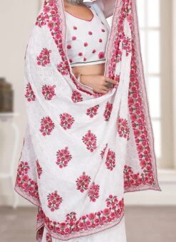 White Color Sequins And Resham Embroidery Work Georgette Saree Party Wear