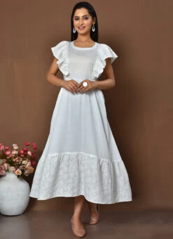 White Cotton Digital Print A Line Dress Work Wear -C Bazaar Shop white cotton digital print a line dress drsoas1573 u