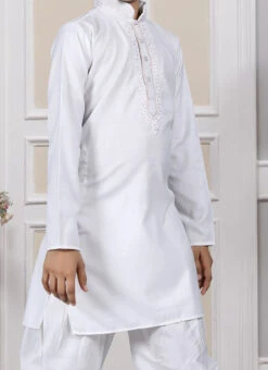 White Cotton Embroidery Kurta Pyjama Party Wear