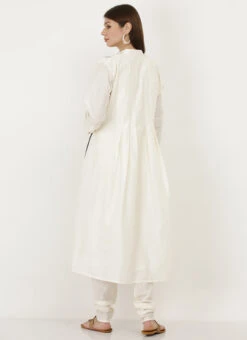 Cream Cotton Silk Embroidered Kurta Churidar Set After Six Wear -C Bazaar Shop white cotton silk embroidered kurta churidar set krsjiw11 b