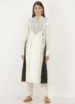 Cream Cotton Silk Embroidered Kurta Churidar Set After Six Wear -C Bazaar Shop white cotton silk embroidered kurta churidar set krsjiw11 u