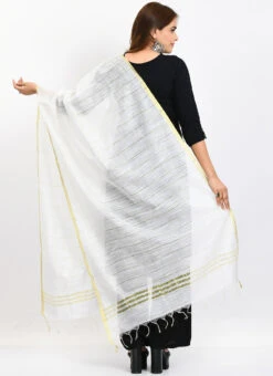 White Cotton Slub Weaving Work Dupatta Work Wear -C Bazaar Shop white cotton slub weaving work dupatta dpdmimfd111 b