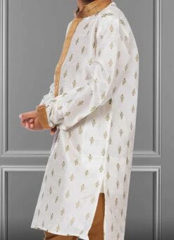 White Dhupion Silk Foil Printed Boys Kurta Pyjama Party Wear