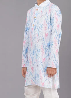 White Digital Printed Kids Kurta Pyjama Party Wear