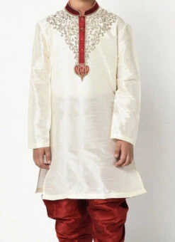 White Dupion Silk Embroidered Kurta Pyjama Party Wear