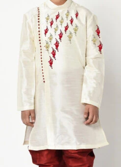 White Dupion Silk Embroidered Kurta Pyjama
