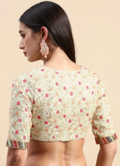 White Embroidered Art Silk V Neck Blouse Festive Wear -C Bazaar Shop white embroidered art silk v neck blouse BLBS02303854 b