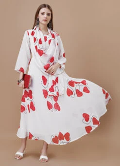 White Faux Georgette Digital Print Fit And Flare Dress After Six Wear -C Bazaar Shop white faux georgette digital print fit and flare dress drssck6005 u