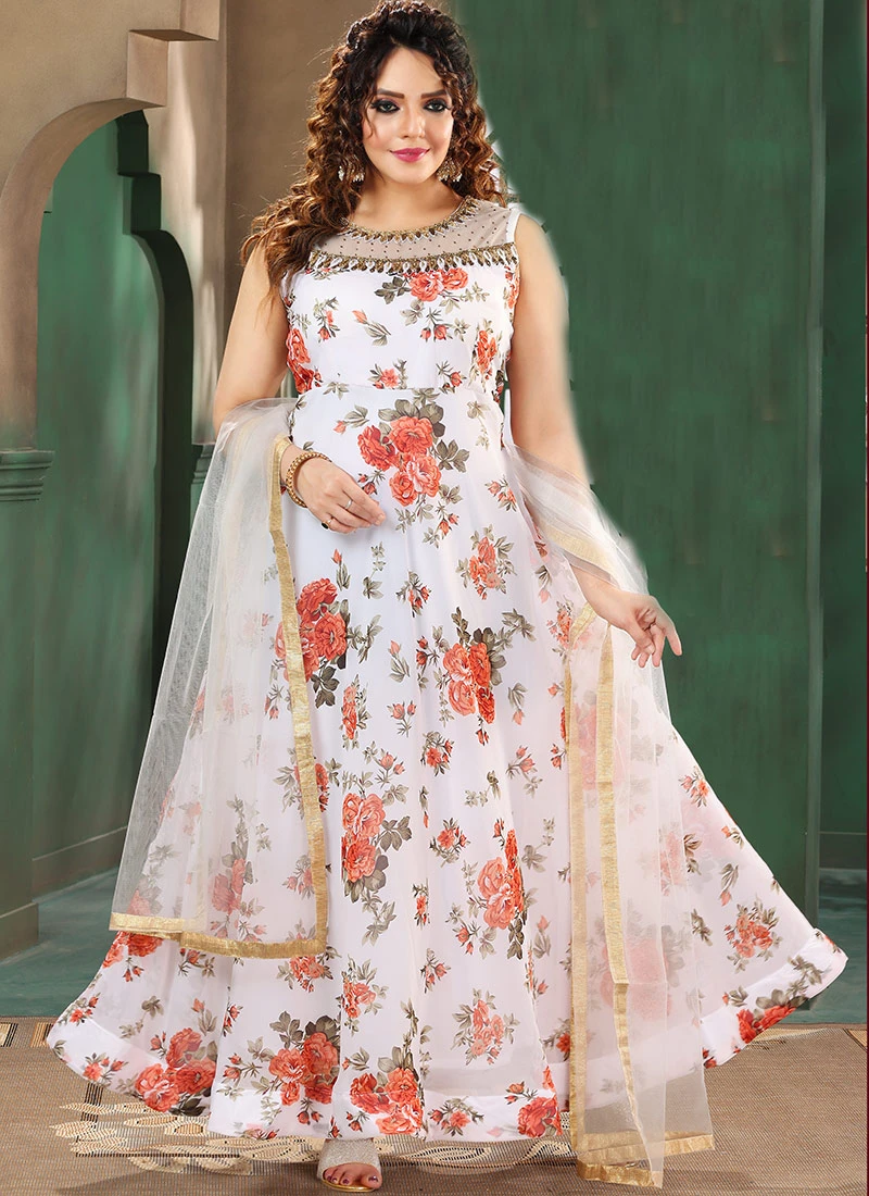 White Faux Georgette Embroidered Gown Party Wear 3 White Faux Georgette Embroidered Gown Party Wear - Image 3